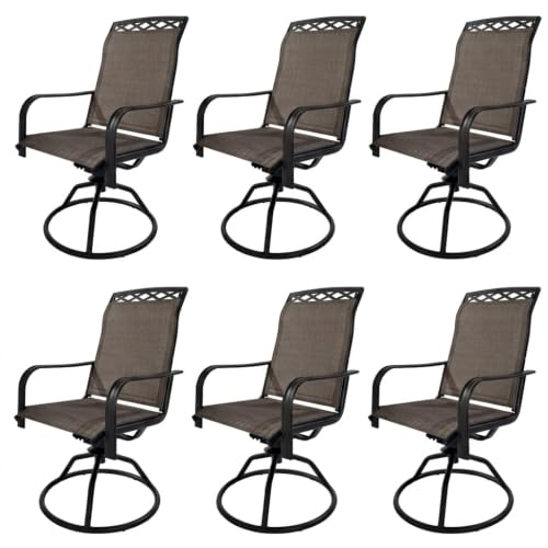 Decksplore Swivel Patio Chairs Set of 6, 360° Rocking Outdoor Dining Chairs with Breathable Textilene Mesh & Heavy-Duty Steel Frame, Elegant Brown Patio Seating for Backyard, Garden, Deck
