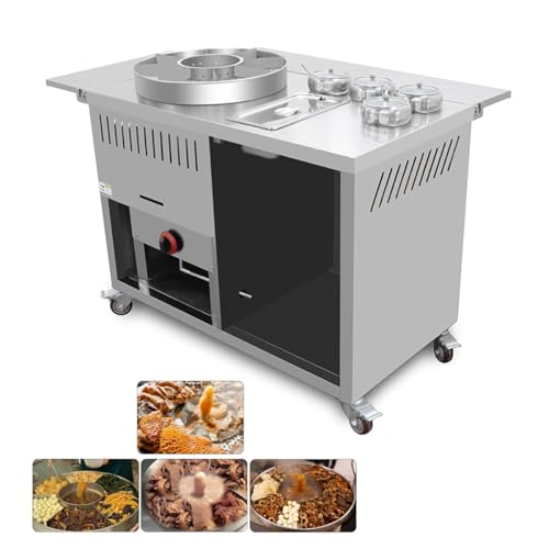 EQCOTWEA Stainless Steel Liquefied Gas Commercial Food Cart, 9-in-1 Fountain Hot Pot Snack Cooker with 4 Spice Boxes & 1 Condiment Basin, Mobile Street Vendor Trailer for Cooking Beef Pork Meat