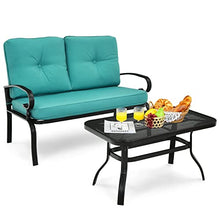 2PCS Patio Loveseat Bench Table Furniture Set Cushioned Chair Turquois Loveseat Coffee Table