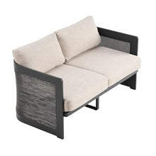Christopher Knight Home Arden Patio Loveseat, Outdoor Aluminum Couch, 2 Seater Sofa with Mesh Panels and Cushioned Seat, Modern Outdoor Loveseat for Garden/Poolside, Aluminum Armchair, Beige+Black