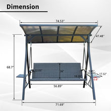 3 Seater PE Rattan Porch Swing w/Adjustable Polycarbonate Hardtop and Side Tables for Garden, All Weather Patio Swing Bench w/Steel Frame & Quick Drying Foam Seat for Deck, Balcony