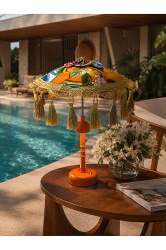 SODEF Missidea Solaris Orange Bohemian Umbrella Lamp 11.8 x 15.7 inches with Tassels, Battery-Powered LED for Indoor/Outdoor Ambiance - Orange