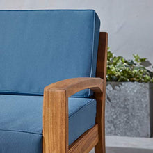 Great Deal Furniture GDFStudio Outdoor Teak Finished Acacia Wood Loveseat and Coffee Table Set with Blue Water Resistant Cushions