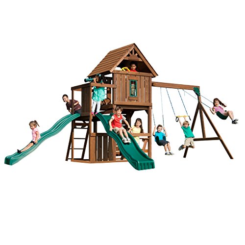 Swing-N-Slide Mont Eagle Play Set with Swings, Slides, Rock Wall, Picnic Table Green