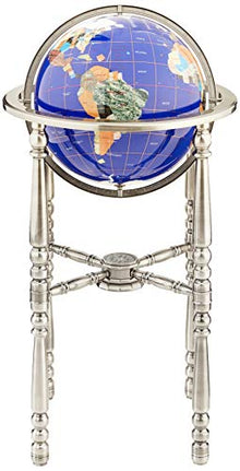 Unique Art Since 1996 Blue Lapis Gemstone World Globe with Silver Stand