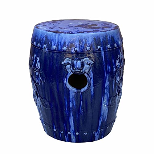 Orientliving Chinese Mixed Blue Round Lotus Clay Ceramic Garden Stool Table Blue