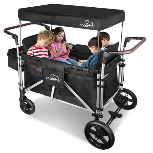 Badovinci Folding Stroller Wagon for 4 Kids with 5-Point Harness and Adjustable Canopy Black