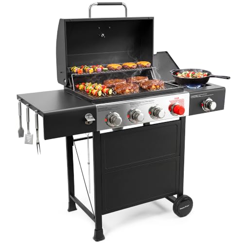 MASTER COOK 4 Burner Propane Gas Grill with Side Burner, 56,500 BTU with Sear Burner, 549 Sq.in. Cooking Area, Porcelain Enameled Grates,Stainless Steel BBQ Grills for Outdoor Cooking Patio Garden