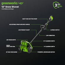 Greenworks 40V 12in Brushless Snow Shovel with LED Light, Directional Chute Control, and Enclosed Battery Cover with 4.0Ah Non-USB Battery and 2A Single Port Charger