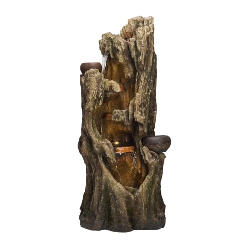 Alpine Corporation WIN1530 Indoor/Outdoor Floor Waterfall, Tree Trunk Fountain w/LED Lights & 2 Flower Pots, 52", Brown