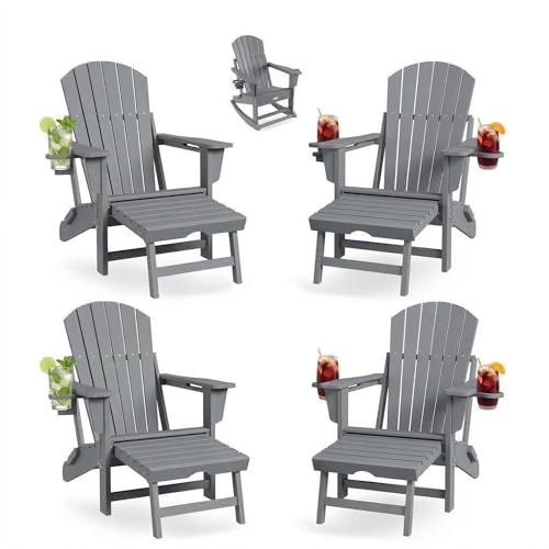 GAOMON 4-in-1 Folding HDPE Adirondack Chairs Set of 4 with Retractable Ottoman & Removable Rocking Base, All-Weather Outdoor Patio Chairs with Large Cup Holder, 400lbs Capacity, for Garden Lawn, Grey