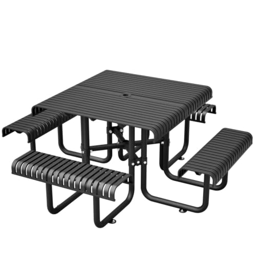 Homyee Metal Picnic Table & Built-in Bench Set with Rounded Table Corners and Umbrella Hole for Backyard, Outdoor Table and Bench Set with Steel Frame and Slotted Design for Lawn (Black)