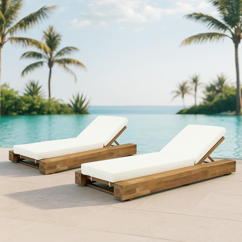 Christopher Knight Home Tory Acacia Wood Chaise Lounge Chair Outdoor Set of 2, Adjustable Backrest Sun Lounger Recliner, Patio Outdoor Chaise Lounge with 4" Thick Water-Resistant Cushions, Teak+Cream
