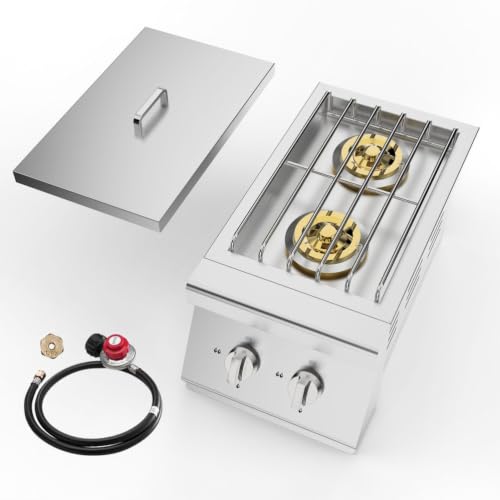 AMZSTAN Double Grilling Side Burners for Outdoor Kitchen, 2 x 15,000 BTU Built-In Propane Side Burner, Convertible to Natural Gas, 304 Stainless Steel Double Side Burner with Cover for BBQ Grill Islan