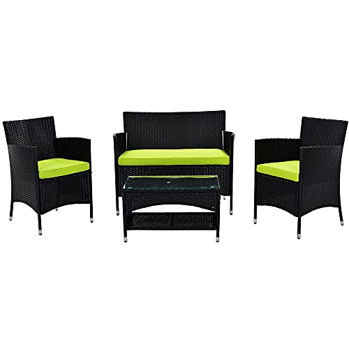 DUYHBAWRS 4PCS Patio Furniture Outdoor Garden Conversation Set Black Wicker 2 Armchairs+1 Sofa+ Table w/Green Cushion