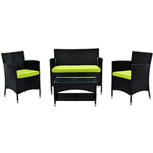 DUYHBAWRS 4PCS Patio Furniture Outdoor Garden Conversation Set Black Wicker 2 Armchairs+1 Sofa+ Table w/Green Cushion