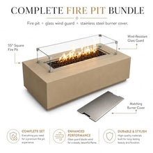 Golden Flame 55" Rectangle Beton Concrete GFRC Gas Fire Pit Bundle with Stainless Steel Burner Cover & Glass Wind Guard, 65,000 BTU Outdoor Fire Table, Push Button Ignition, Lava Rock Included - Sand