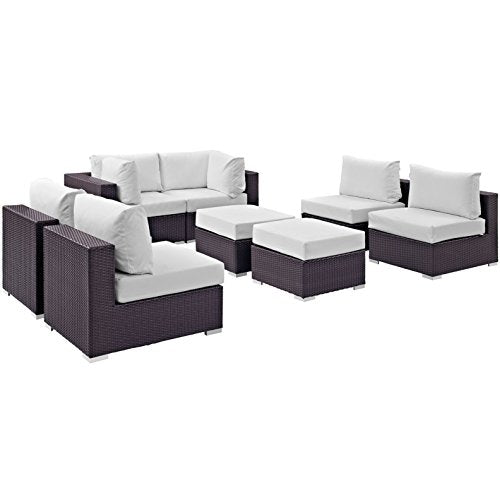 Modern Contemporary Urban Design Outdoor Patio Balcony Eight PCS Sectional Sofa Set, White, Rattan