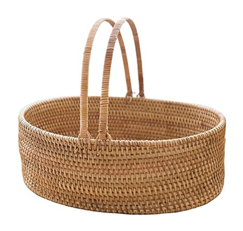 QUQUQ Picnic Basket for Outdoor Rattan Hand Basket Picnic Basket Living Room Bedroom Desktop Storage Basket Shopping Basket(32 * 28 * 10cm)