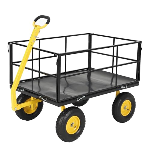 Steel Utility Cart, 1500 Lb Load Capacity – Towable Heavy-Duty Outdoor Hauling Wagon with Removable Side Panels Collapsible Design & 180° Swivel Handle，Cart for Farm, Lawn Yard & Gardening