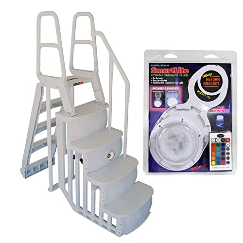 Main Access 48 to 54 Inch Step Ladder for Above Ground Swimming Pools with Mountable Smart Color Changing LED Light and Remote Control, White