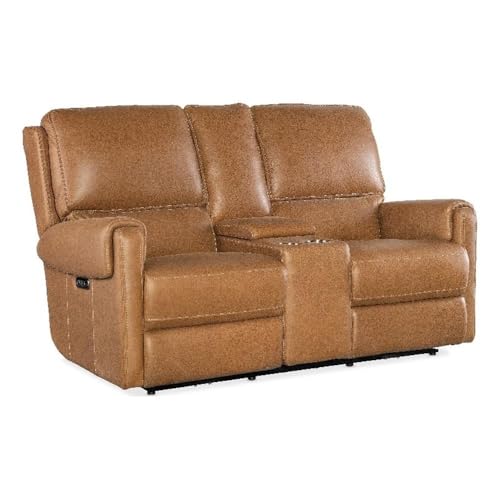 Bowery Hill Power Reclining Leather Console Loveseat, Nubuck Denver Coffee Brown Finish, 70"H x 42"W x 43"D, Zero-Gravity Recline, USB Port, Cup Holders, Lift-Top Storage Console, Transitional Padded