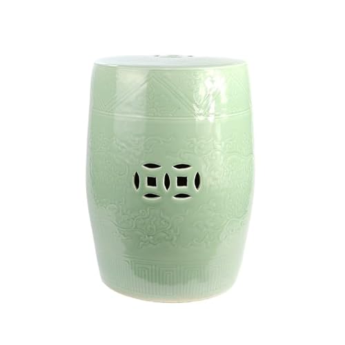 LINKIO Garden Stool Decorative Garden Stool, Porcelain, Green Glaze, Embossed Copper Coins Design Ottomans(A)