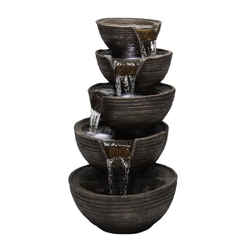 Alpine Corporation TZL101 Outdoor Floor 5-Tiered Bowl Fountain with LED Lights, Tiered Bowls Waterfall Fountain 34", Bronze