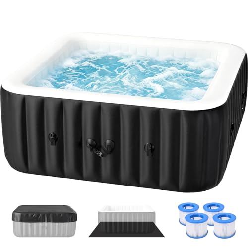 Glonerle 2-4 Person Inflatable Hot Tub, Large Square Portable Blow up Hot Tub, Leak-Proof PVC Outdoor Spa with 120 Air Jets, Insulated Cover and Heater Pump, 60” X 60” X 25”