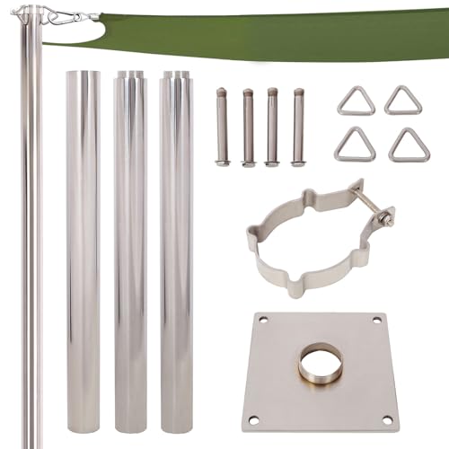 Heavy Duty Stainless Steel Sun Shade Sail Pole Kit with Adjustable Clamp & Base Plate, Outdoor Shade Canopy Post for Patio, Garden, Yard, Silver,12ft