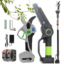 DYKKLKQ 3-in-1 Pole Saw & Pruning Shears Combo Kit 6 Inch Mini Chainsaw for Tree Trimming Cordless Secateurs with Extension 2 Battery Trimmer Limb Branch Cutter Pruner Scissors