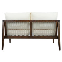Merax Outdoor Loveseat and Coffee Table Set, Acacia Wood Frame with Rope Detail, Water-Repellent Beige Cushions for Patio Backyard Deck, Dark Brown