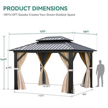 YITAHOME 10x12ft Hardtop Gazebo Double Roof Canopy with Netting and Curtains Brown
