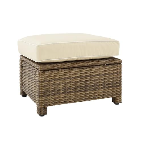 Outdoor Escape Brown Wicker Ottoman with Sand Cushion – Outdoor Foot Rest for Patio Seating Featuring Steel Frame and Weather-Resistant Woven Design