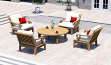 TeakStation 5 Pc Teak Wood Lounge Chair Set: 4 Lounge Chairs & Round Coffee Table with Cushions in Outdoor Sunbrella Fabric #5404 Canvas Natural