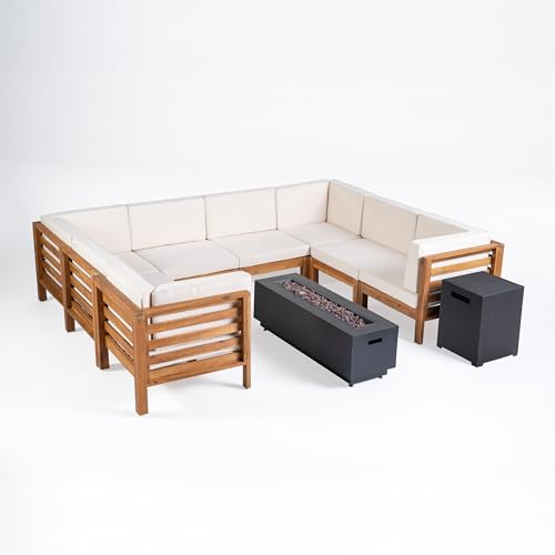 Christopher Knight Home Maliwi Outdoor U-Shaped Acacia Wood 8-Seater Sectional Conversation Set with Fire Pit and Water Resistant Cushions, 116.50 "W x 88.50 "D x 26.5 "H, Teak + Beige + Dark Gray