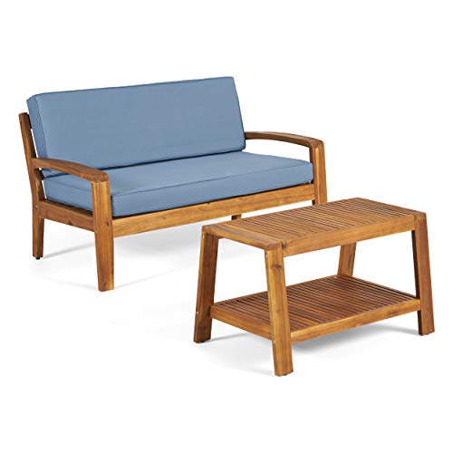 Great Deal Furniture GDFStudio Outdoor Teak Finished Acacia Wood Loveseat and Coffee Table Set with Blue Water Resistant Cushions