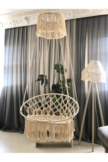 Handmade Macrame Swing Hammock Chair for Christmas Decor, Cotton Rope, 330.8 lb Capacity, Scandinavian Style, Includes Ceiling Mounts - Ecru