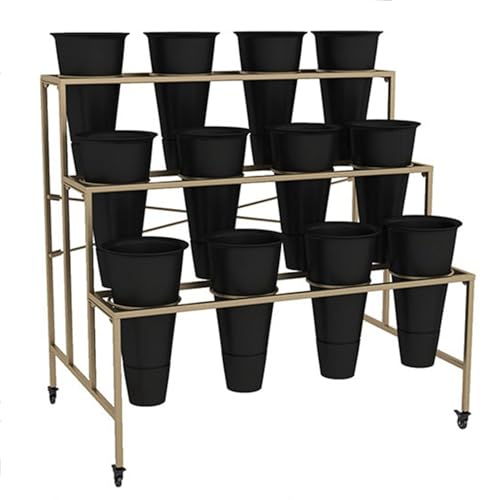 Flower Display stand with Flower Buckets, Movable Plant Cart Shelf Cut Flowers Container Shelf, Florist Plant Display Shelves Flower Shelf Ladder, Florist Bouqu（Gold Frame Black Bucket-100×60×88cm）
