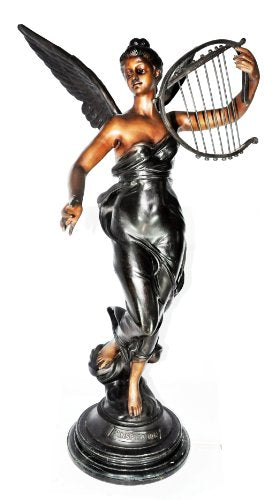 PF High Quality Products (42") Greek Angel with Harp Bronze Statue Sculpture (Traditional Lost Wax Bronze Process)