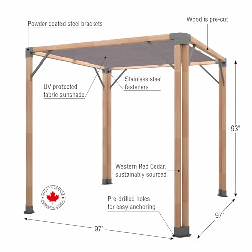 CedarCraft Bali 8x8' Cedar Pergola with Sunshade Canopy Natural