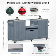 66.5" Outdoor Kitchen Island Food Prep Cart with Big Green Egg Grills for Garden Lawn, Solid Wood Patio Grill Cart with Stainless Steel Top & Storage Drawers for Home Kitchen Dining Room (Grey+Blue )