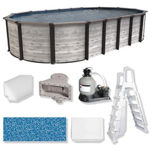 Puri Tech 12'x24'x52 Sunset Bay Steel Frame Above Ground Swimming Pool Package with Full-Print Overlap Liner, Liner Pad, Pool Cove, Skimmer, Filtration System and A-Frame Ladder for Pool Set up
