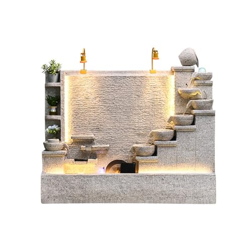 Elegant Stone Waterfall Fountain with LED Lights and Planter Shelves – Dual Sides for Indoor and Outdoor Zen Garden Decoration, 63 inch-79 inch Height Options(B+Stone Color)