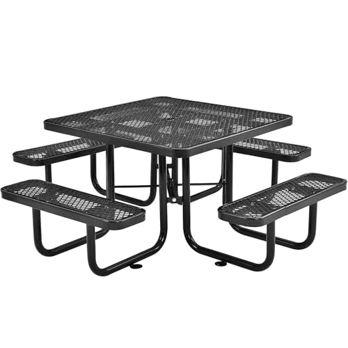 LAUCO Square Picnic Table, Expanded Metal, Black Thermoplastic Coating, Attached Benches, 1-1/2” Umbrella Pole Hole, Outdoor-Rated, 1000 lb Capacity (Black) 36036
