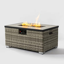Propane Fire Pit Table with Tank Cover Set, 50000 BTU Rectangular Outdoor Gas Fireplace, Steel Burner Patio Heating Centerpiece with Lid, Wicker Base, Rain Cover, Glass Rocks Included (Beige)