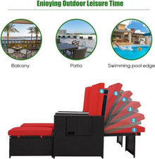 Patio Furniture Set, 5 Pieces Patio PE Wicker Chaise Lounge, Red Outdoor Cushioned Wicker Chaise Lounger with Adjustable Backrest, Adjustable Sun Lounger for Outside Sunbathing Camping Pool Beach