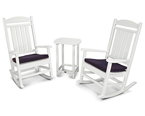 POLYWOOD Presidential 3-Piece Rocker with Seat Cushions Rocking Chair Set, White/Navy