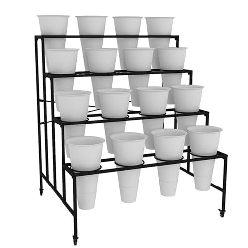 Flower Display stand with Flower Buckets, Movable Plant Cart Shelf Cut Flowers Container Shelf, Florist Plant Display Shelves Flower Shelf Ladder, Florist Bouqu（Black Frame White Bucket-100×80×113cm）