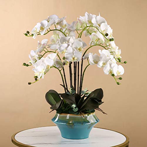 QQWW Artificial Phalaenopsis Orchid Bonsai Faux Flowers with Vase Flowers Arrangement 9 Head PU Bonsai for Home Office Table Decor (Color : White)